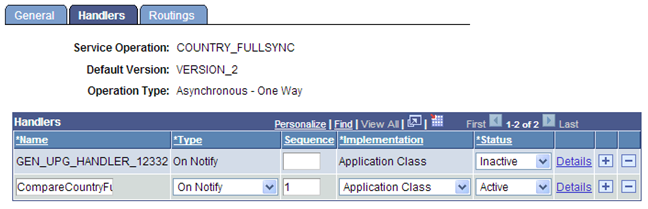 Example of Handlers page field values