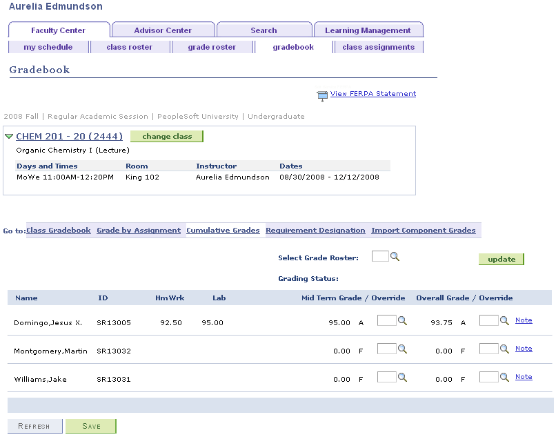 Cumulative Grades page
