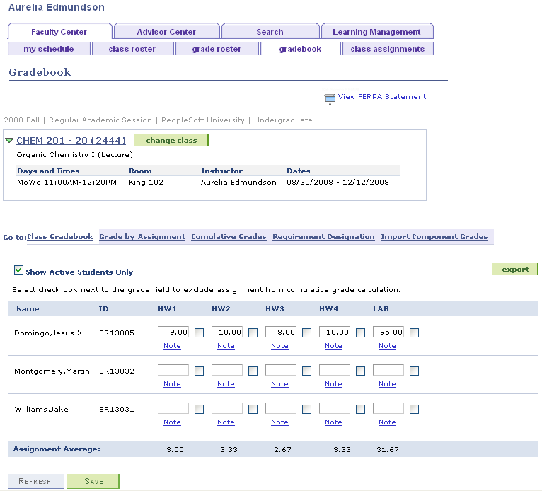 Class Gradebook page