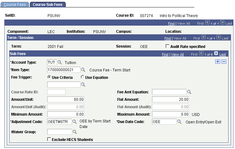 Course Sub Fees page