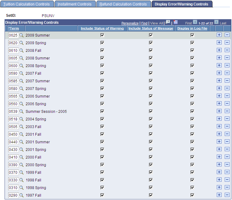 Display Error/Warning Controls page