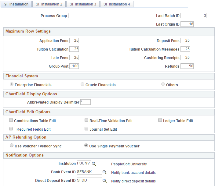 SF (Student Financials) Installation page
