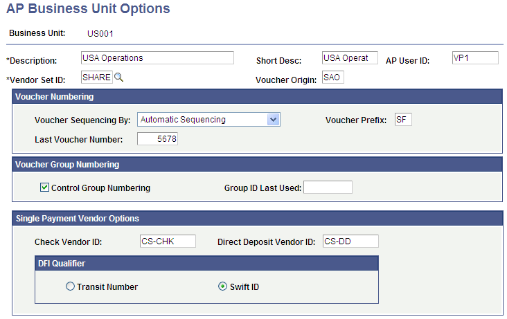 AP (Accounts Payable) Business Unit Options page