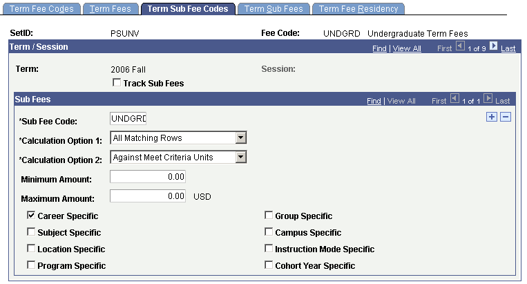 Term Sub Fee Codes page
