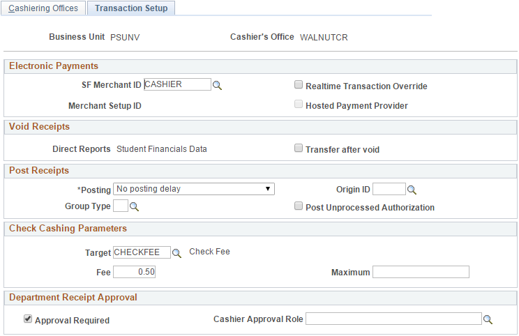 Transaction Setup page
