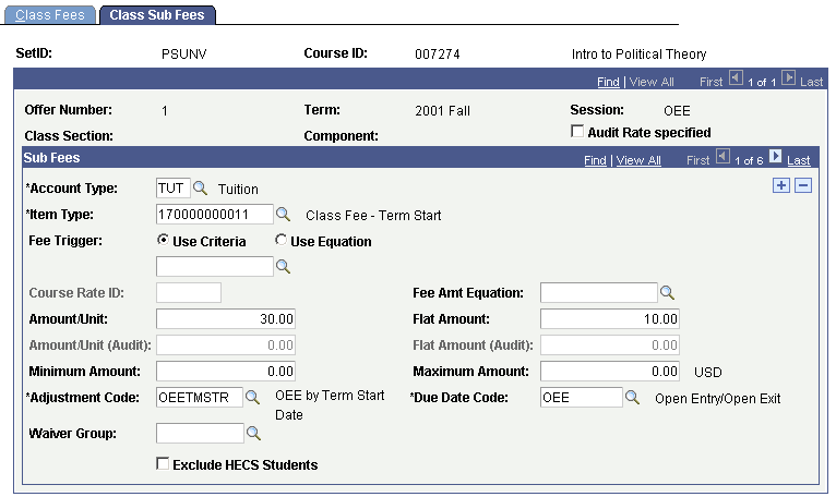 Class Sub Fees page