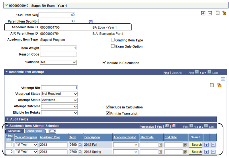 APT (Academic Progress Tracker) Items page: Equates to Year of Program example