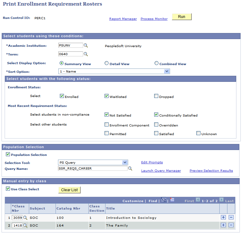 Print Enrollment Requirement Rosters page