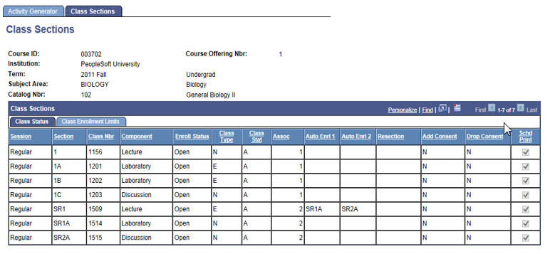Class Sections page: Class Status tab