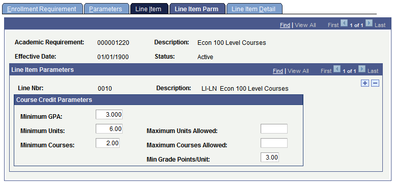 Line Item Parm page (when the line type is Course Requirement)