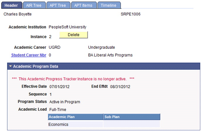 Header page example of inactive instance