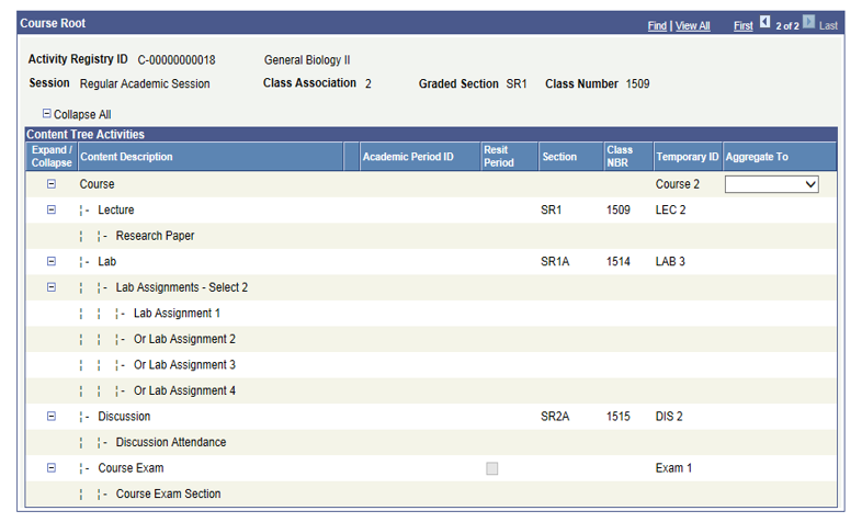 Example of content tree activities for individual graded section