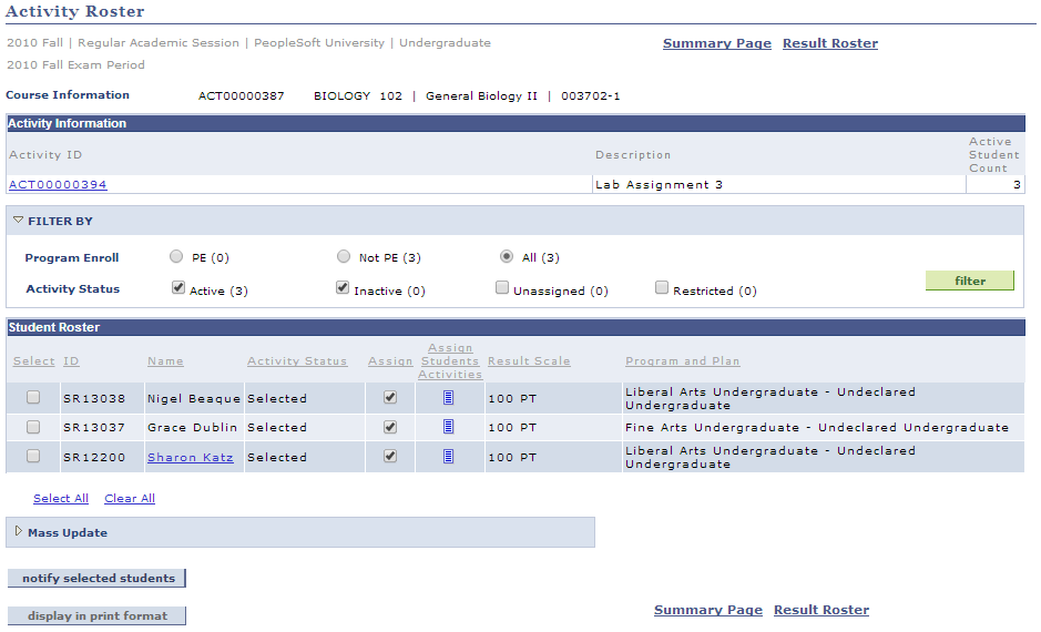 Activity Roster page