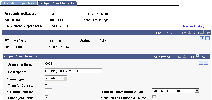 Subject Area Elements page (1 of 2)