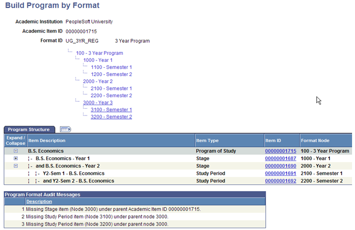 Build Program by Format page (Audit Messages)