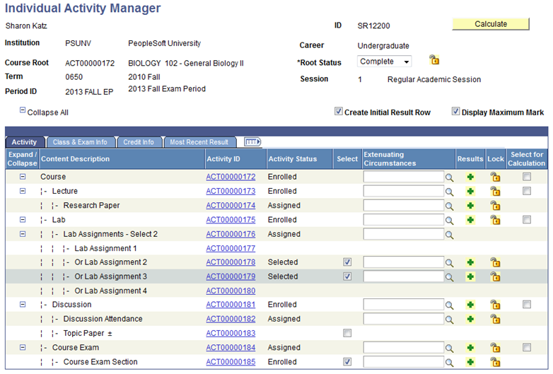 Individual Activity Manager page â Activity tab