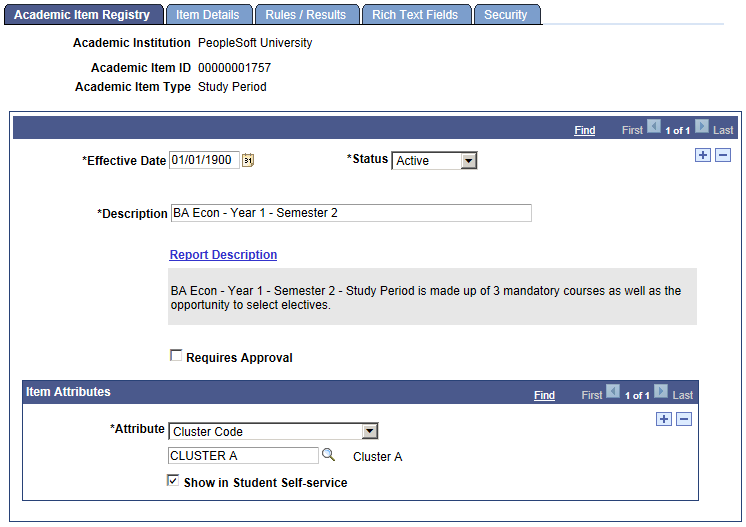 Academic Item Registry page Item Attributes example