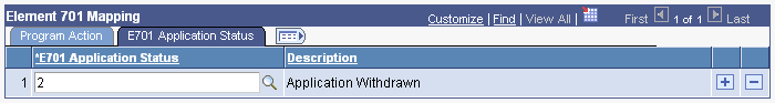 Element Mapping page: Element 701 Mapping, E701 Application Status tab