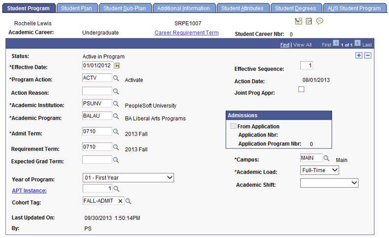 Student Program page example for Program Enrollment