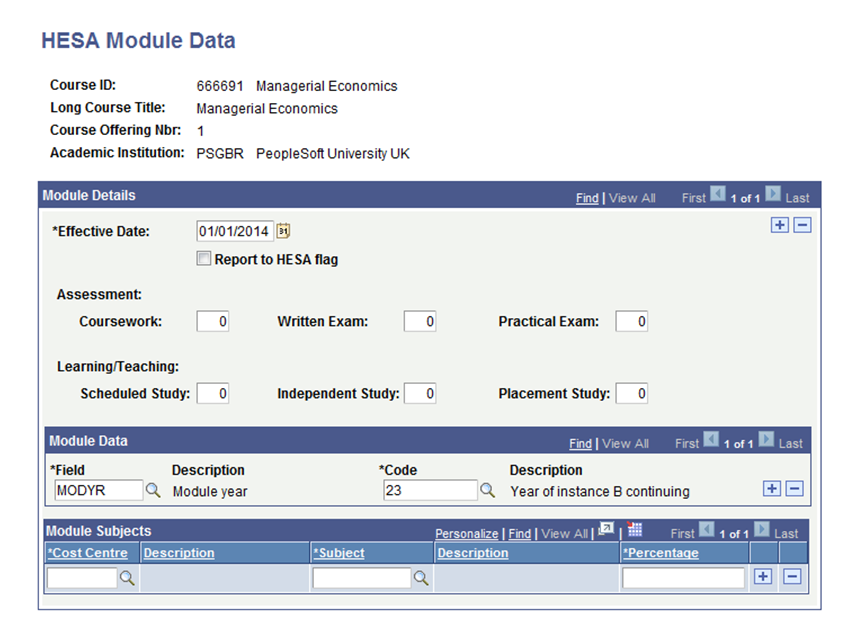 HESA (Higher Education Statistics Agency) Module Data page
