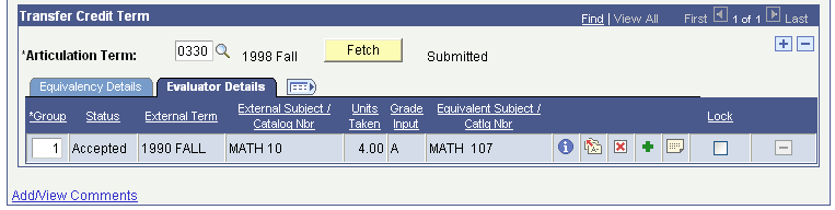 Transfer Course Details page: Evaluator Details tab