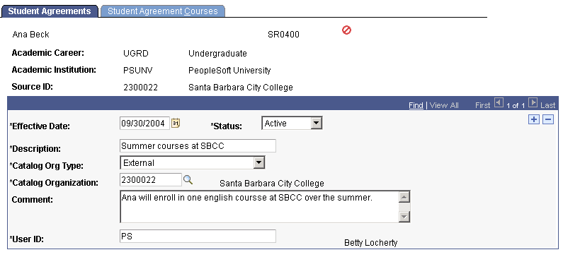 Student Agreements page