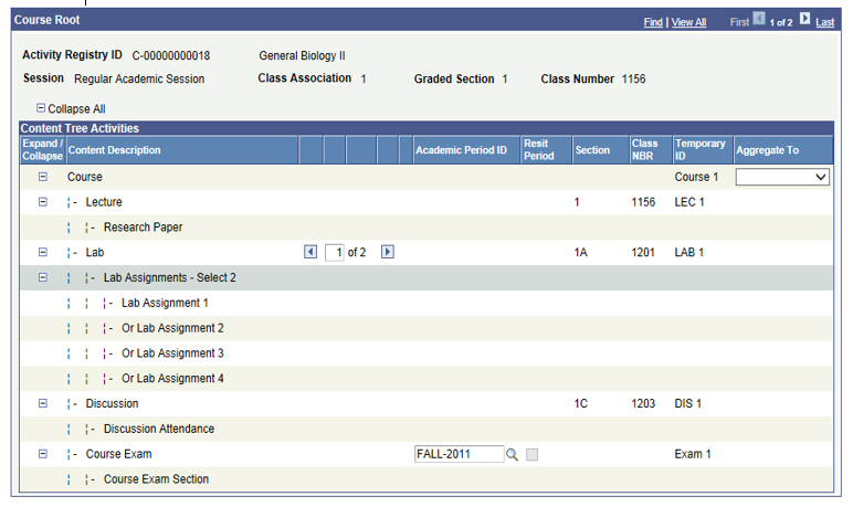 Example of content tree activities for individual graded section