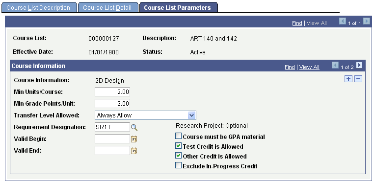 Course List Parameters page