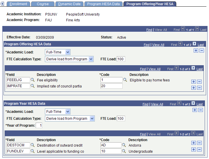 Program Offering/Year HESA (Higher Education Statistics Agency) page
