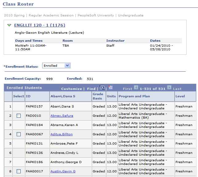 Class Roster page (1 of 2)