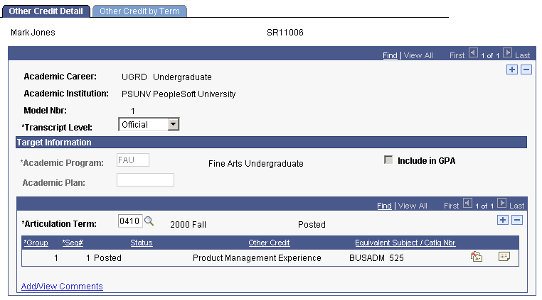 Other Credit Detail page
