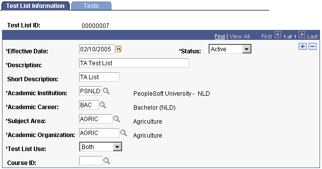 Test List Information page