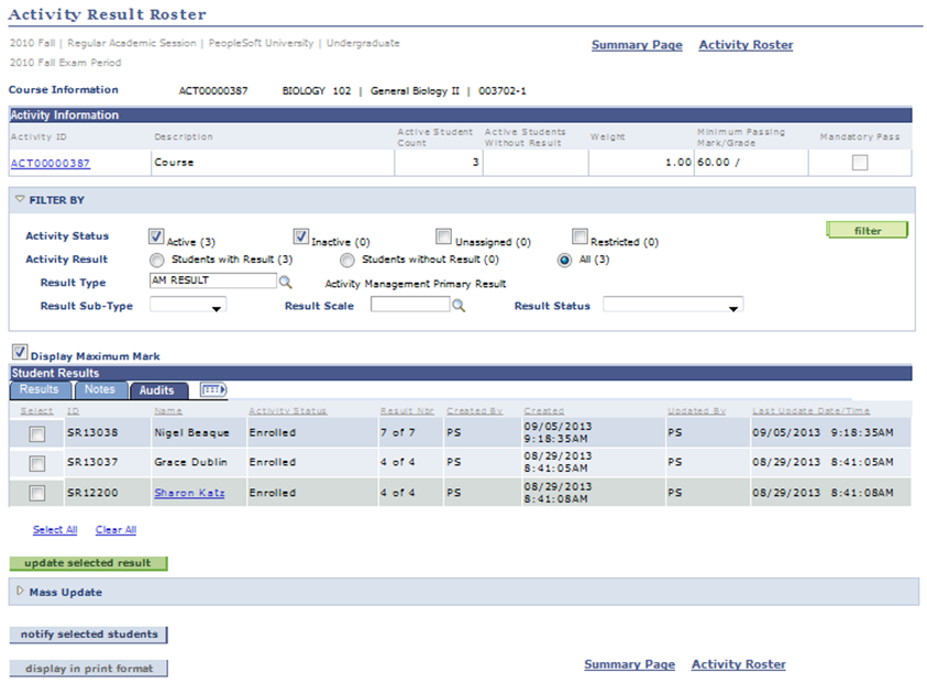 Activity Result Roster page: Audits tab