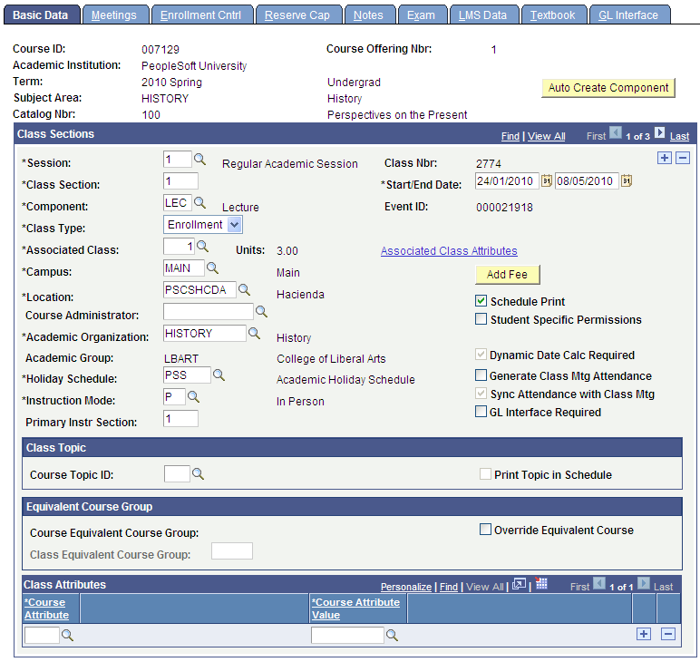 Schedule of Classes - Basic Data page