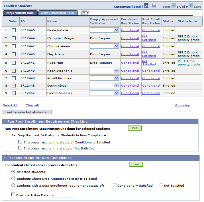 Enrollment Requirement Roster (Summary) page (2 of 2)