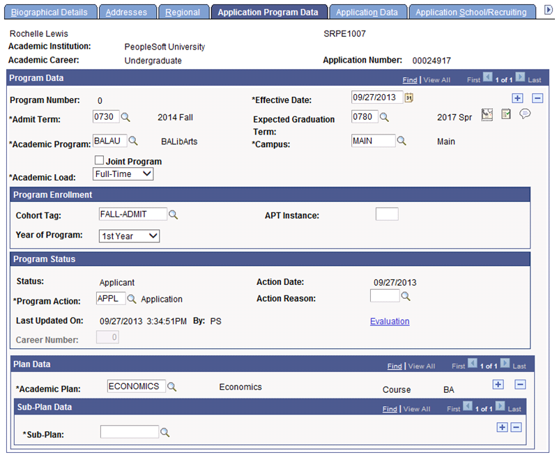 Application Program Data page example for Program Enrollment
