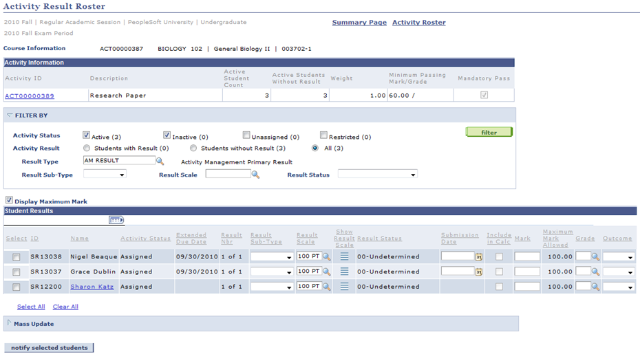 Activity Result Roster page: Results tab