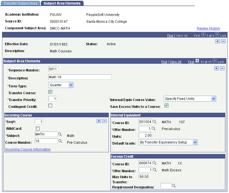 Example of an excess credit course equivalency