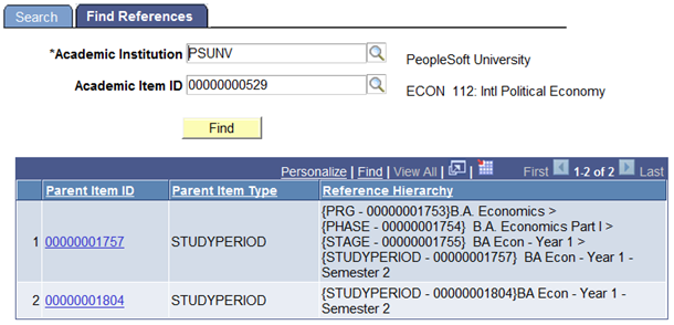 Academic Item Registry Find References page