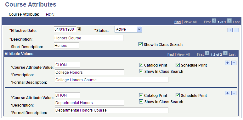 Course Attributes page