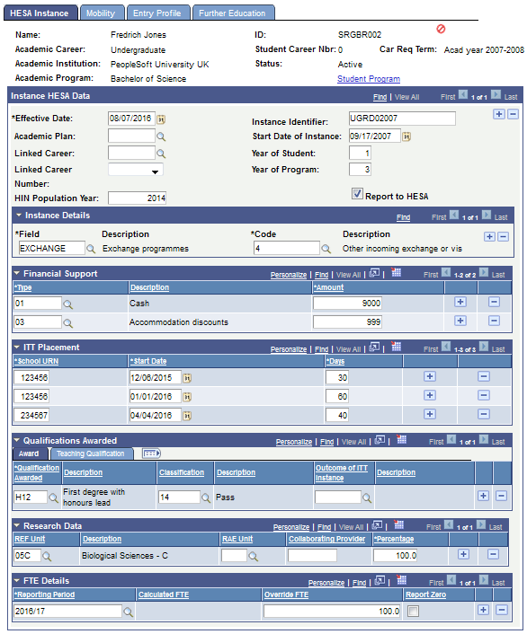 HESA (Higher Education Statistics Agency) Instance page