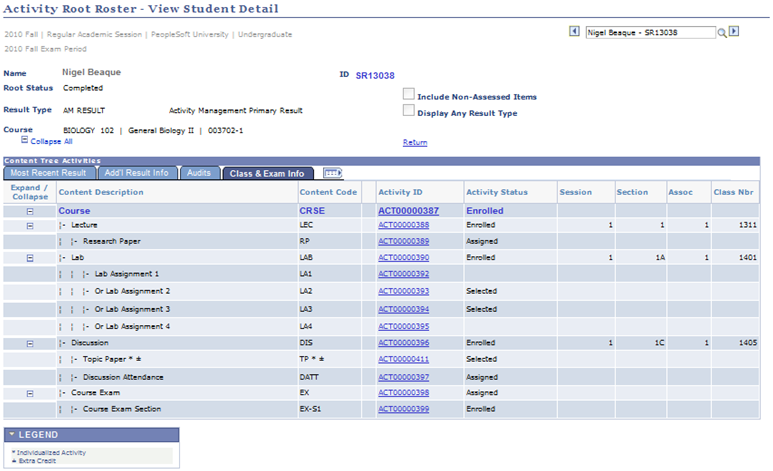 Activity Root Roster â View Student Detail page: Class &amp; Exam Info tab