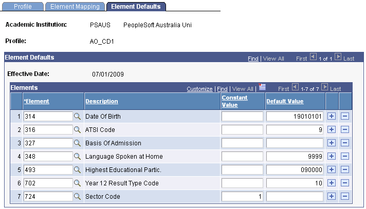 Element Defaults page