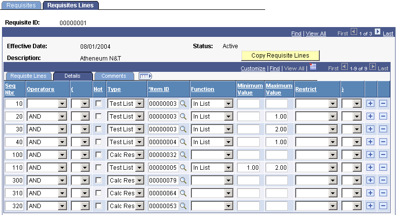 Requisites Lines page: Details tab