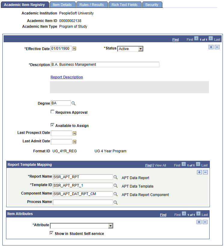 Academic Item Registry (PRG) (program) page
