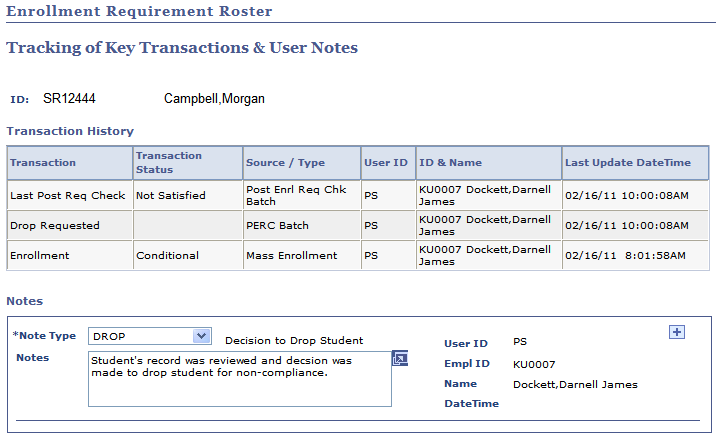 Tracking of Key Transaction & User Notes page