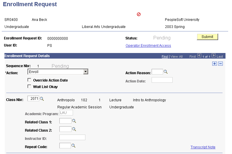 Enrollment Request page (1 of 2)