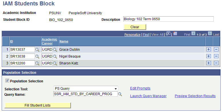 IAM (Individual Activity Manager) Students Block page