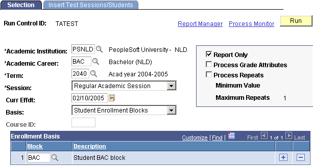 Create Test Sessions - Selection page