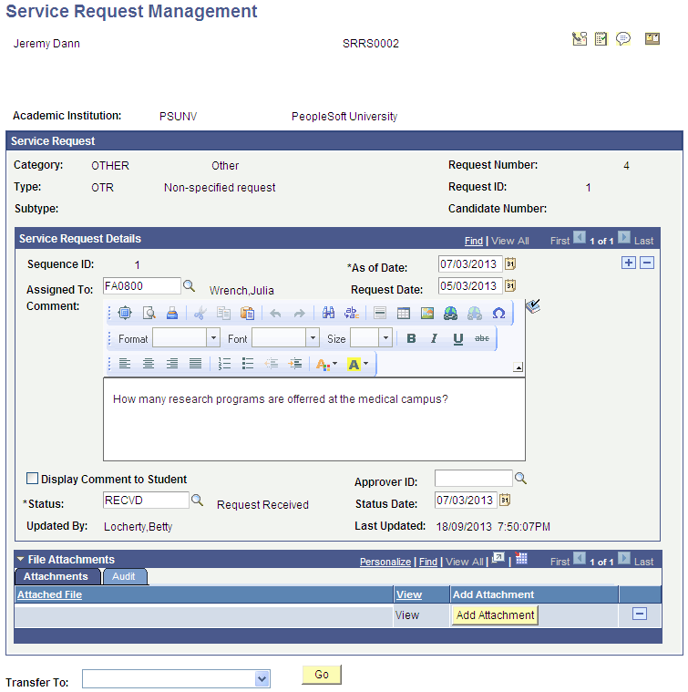Service Request Management page